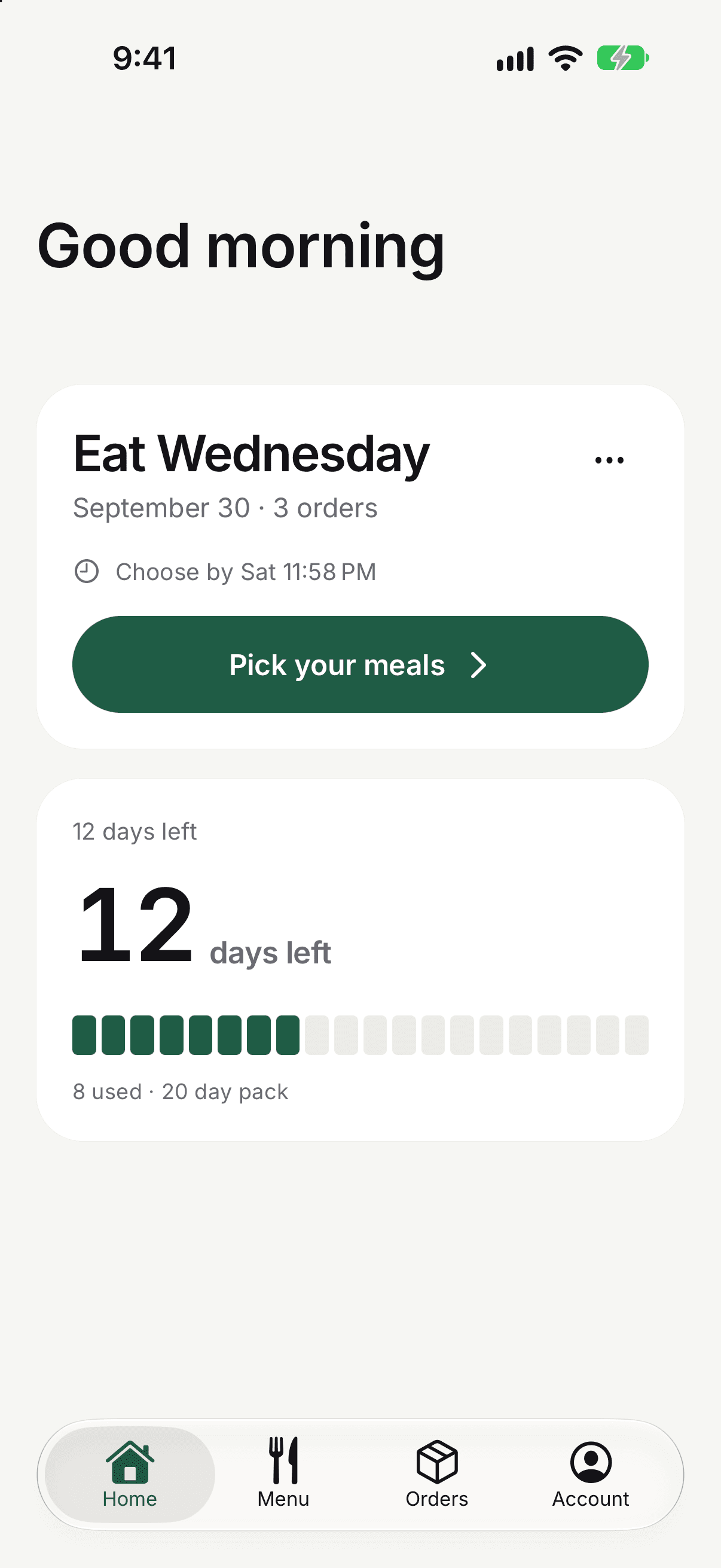 Customer app home with days left and next delivery