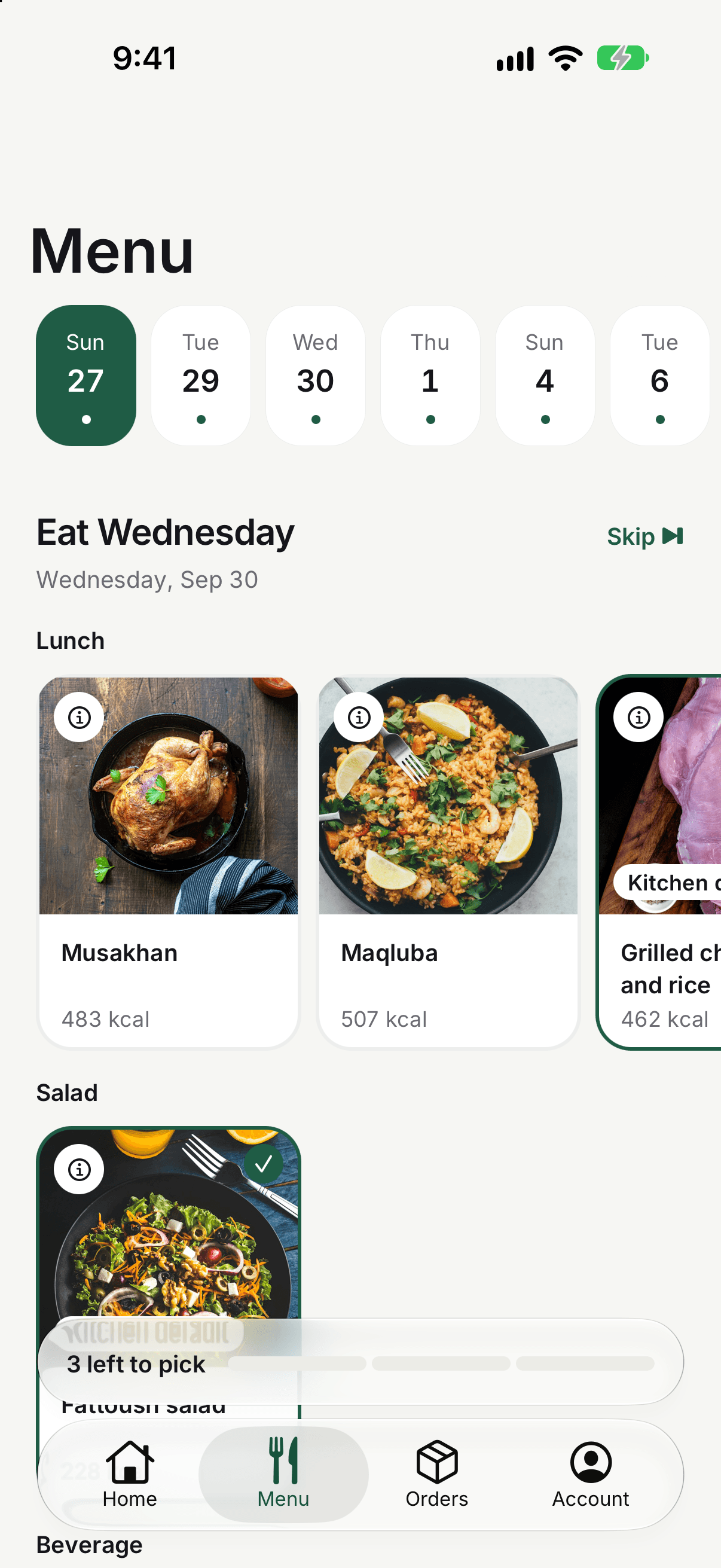 Customer app meal picker with food photos